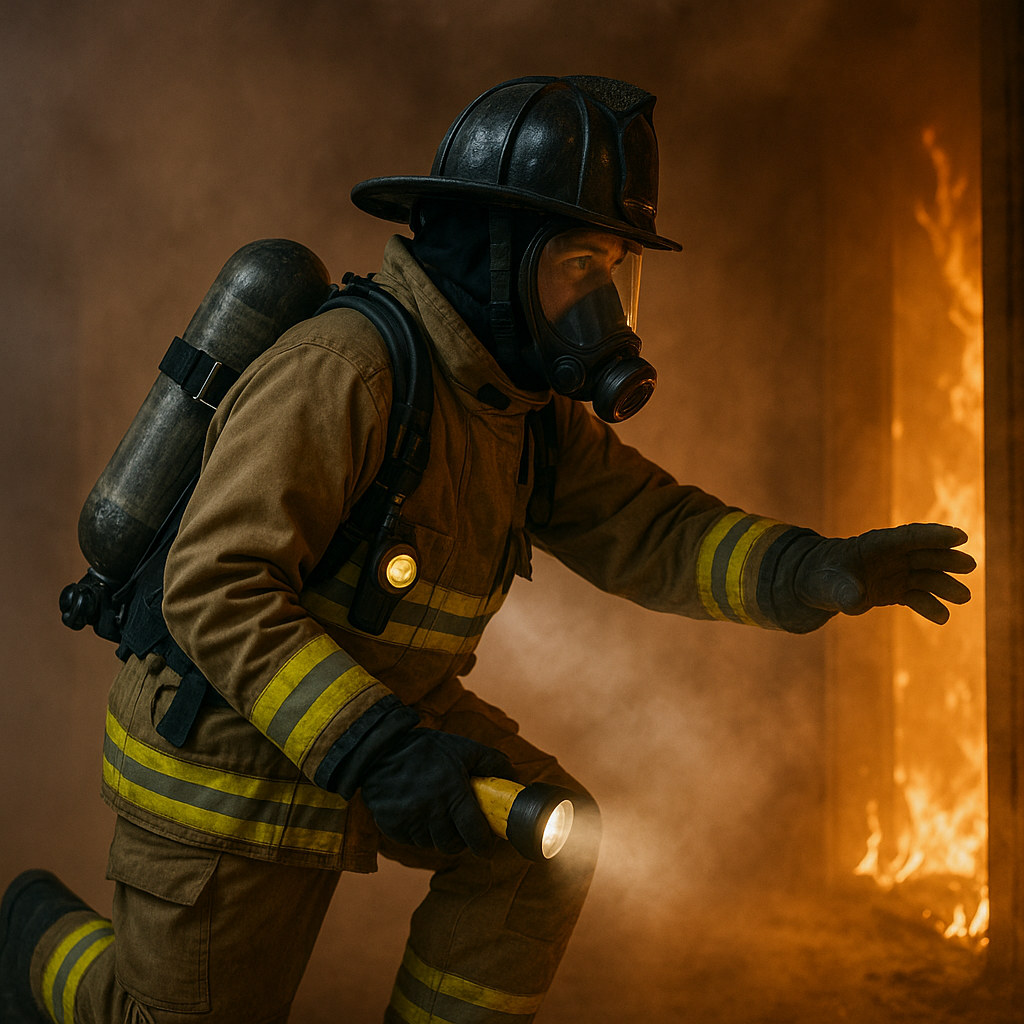 Firefighter looking for person in building