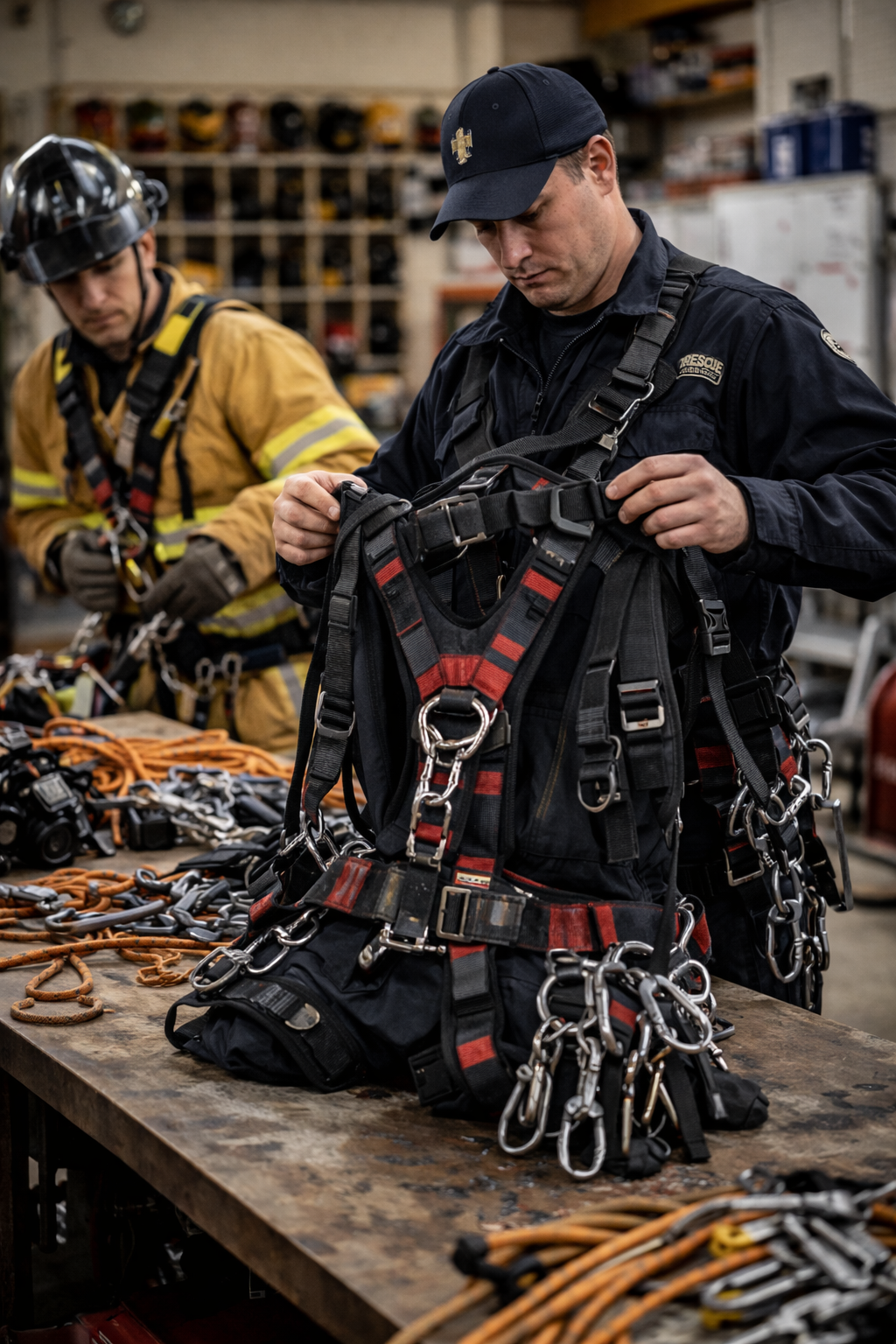 firefighter inspecting harness