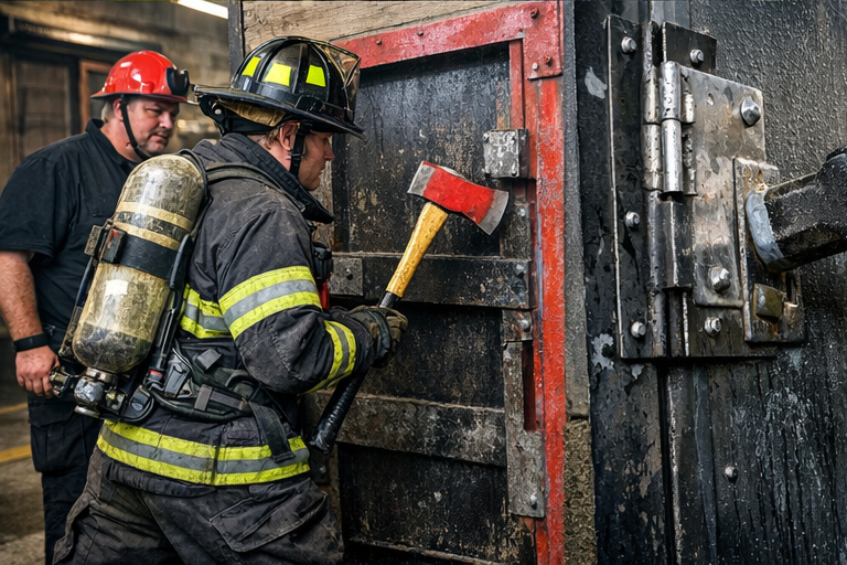 Firefighter breaking down door