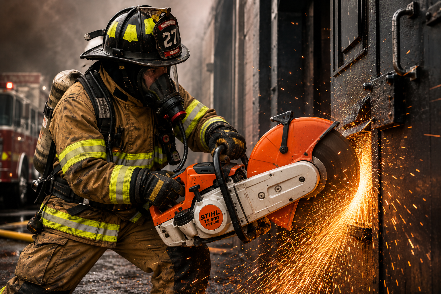 Firefighter cutting through metal door sparks flying