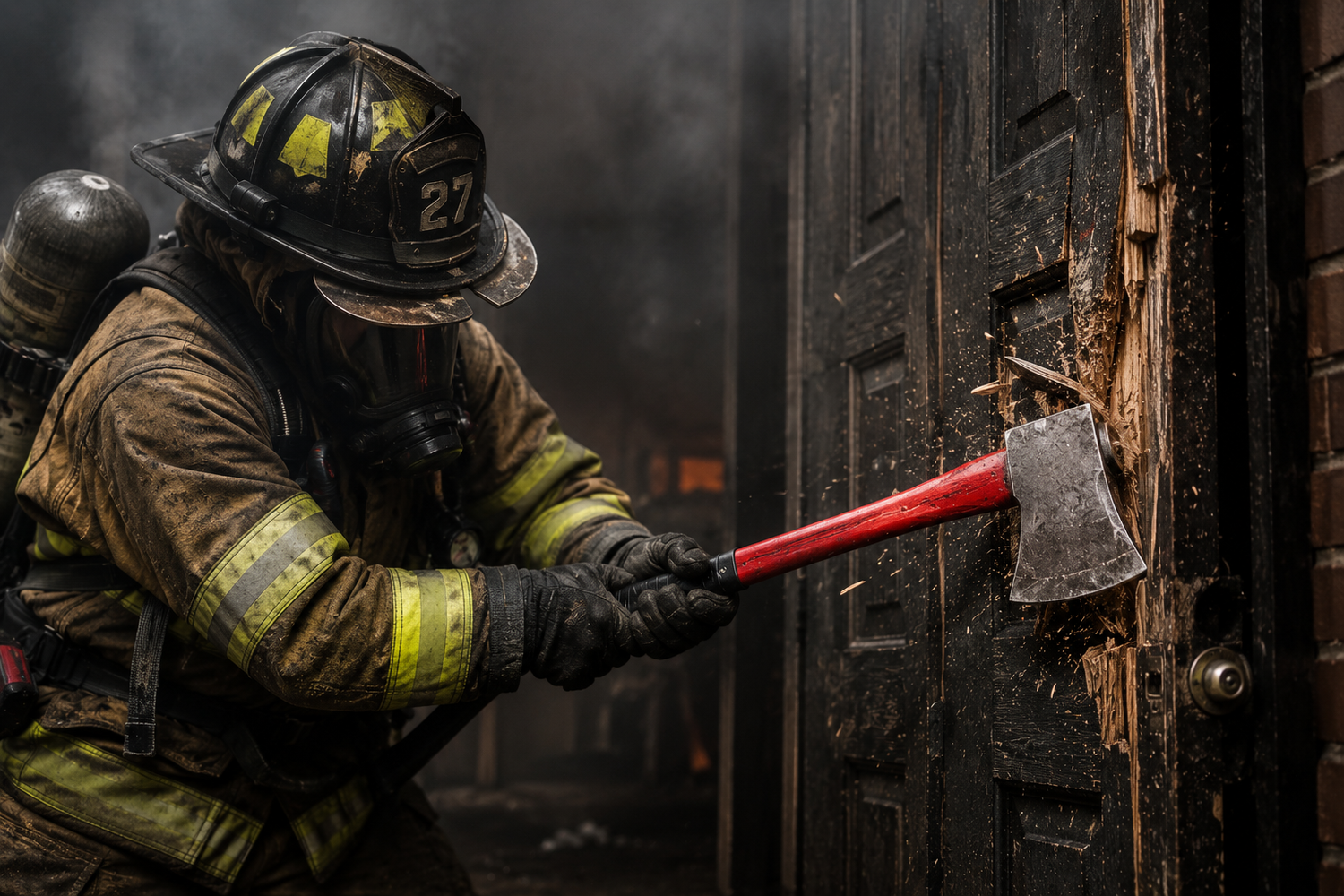 firefighter chopping down door