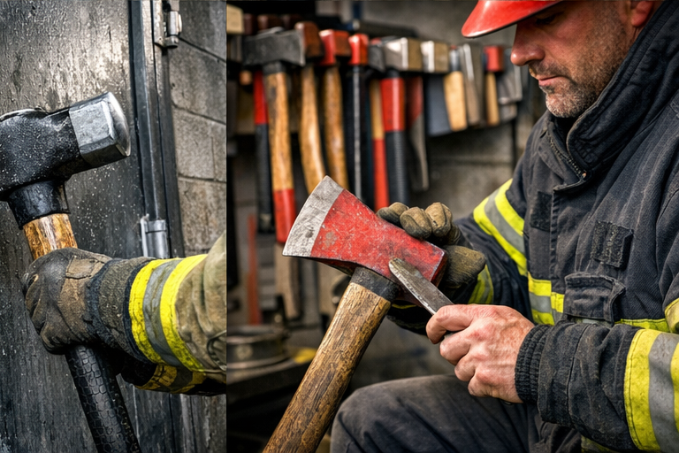 firefighter doing axe maintenance