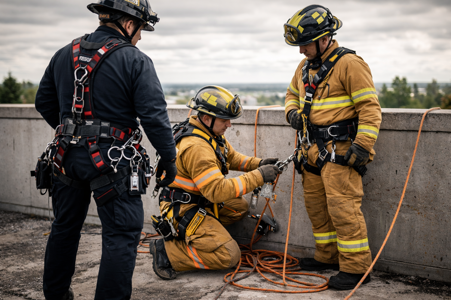 firefighter with a harness hooking up